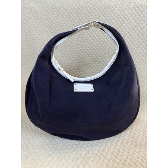 Kate Spade Crescent Hobo‎ Bag Navy Blue & White Summer Double Zip Canvas - Picture 1 of 10